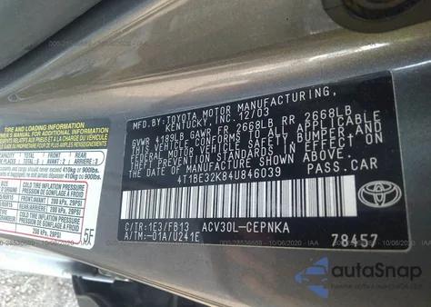 2004 Toyota Camry Le from USA, damaged, VIN 4T1BE32K84U846039